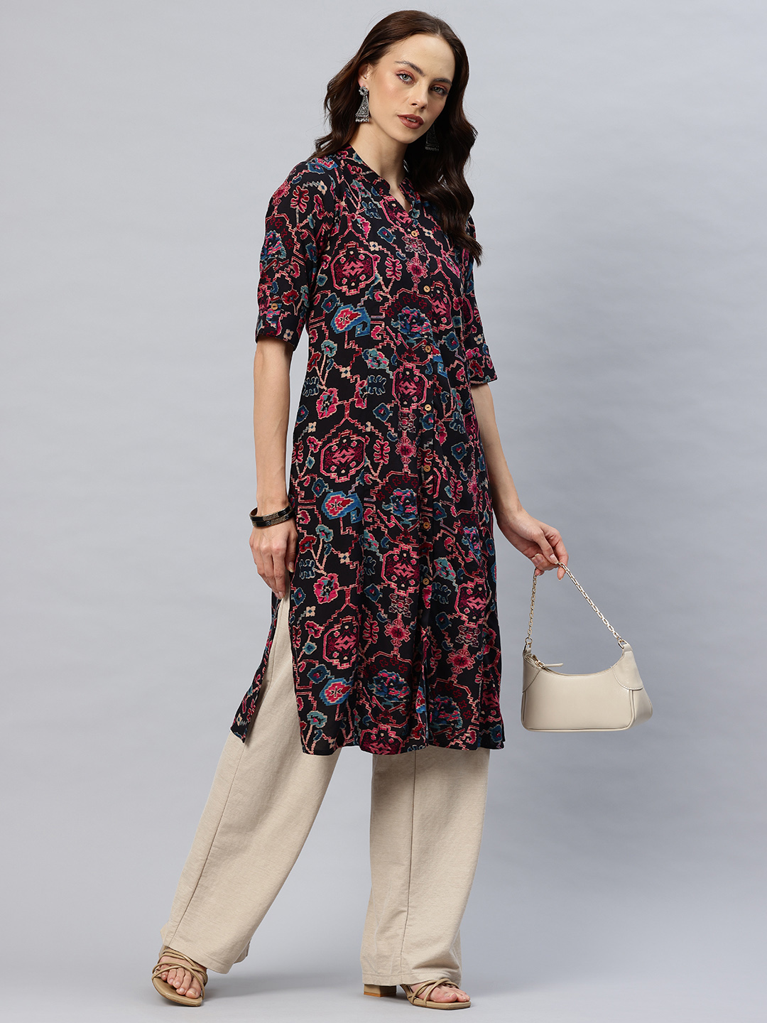 One Femme Floral Printed Multiple Slits Cotton A-Line Kurta